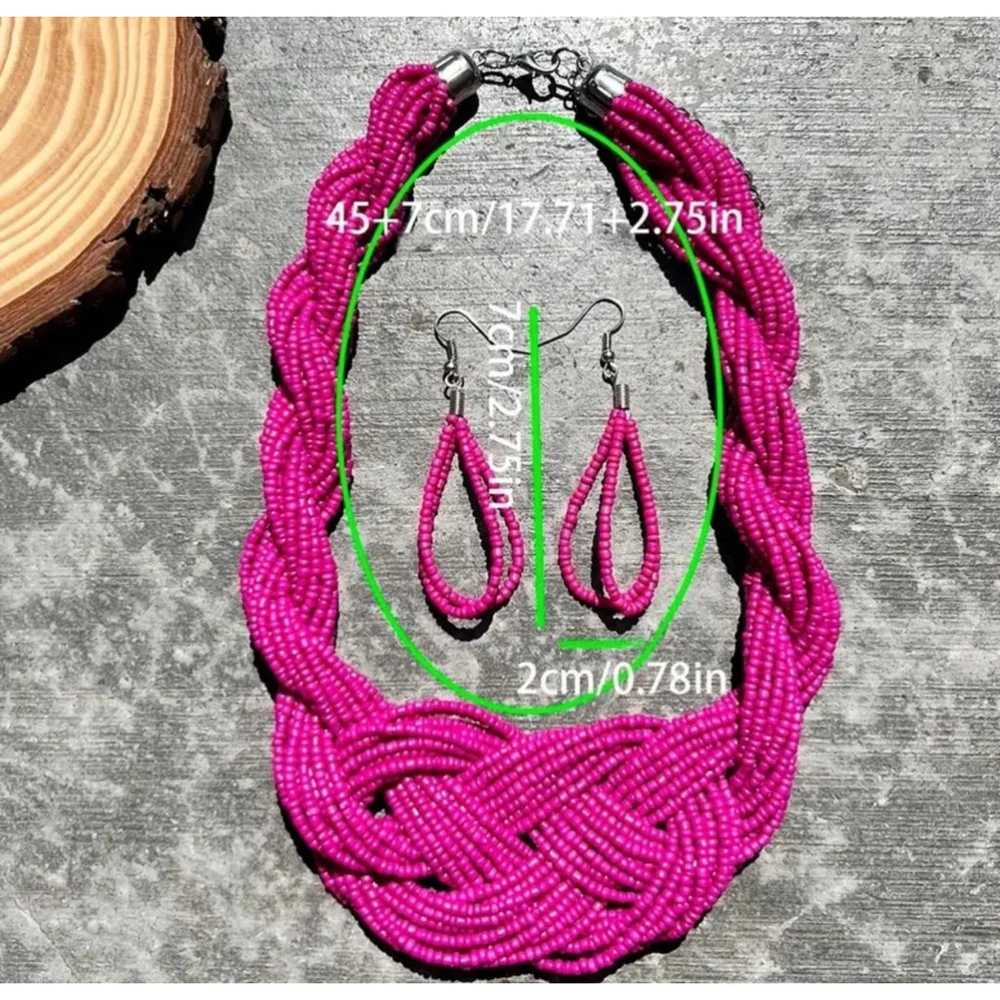 Pink Millet Bead Braided Necklace with Matching Bead Earrings